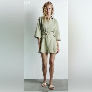 ZARA Linen Shirt Dress With Belt - Mini Dress 3/4 Wide Sleeves Sz S $50